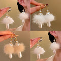 White Fluffy Pom Pom Hoop Earrings With Pearl Drops view 1