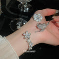 Silver Pavé Zircon Flower Open Cuff Bracelet and Rings Trio view 2