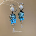 Blue Fabric Flower Earrings With Pearl And Teardrop Accents view 4