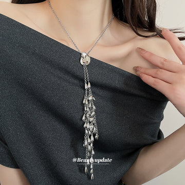 Silver Tone Teardrop Cluster Tassel Necklace Fashion Jewelry