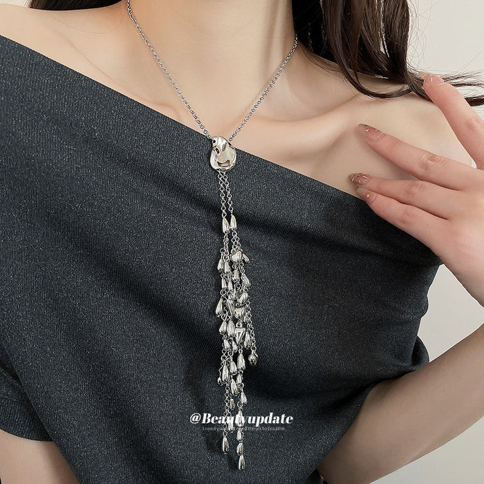 Silver Tone Teardrop Cluster Tassel Necklace Fashion Jewelry