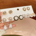 Gold Black White Enamel Rose Pearl Checker Heart Earring Set view 1