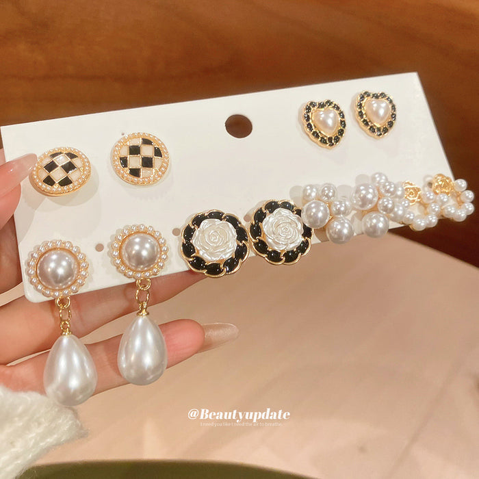 Gold Black White Enamel Rose Pearl Checker Heart Earring Set