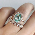 Rose Gold Tone Green Oval Halo Ring and Baguette Band Set view 1