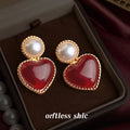 Gold Pearl Stud Red Heart Drop Earrings Twisted Rim view 4