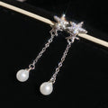 Crystal Star Stud Earrings with Long Pearl Chain Drops view 2