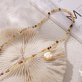 Natural Stone Beaded Necklace White Seashell Gold Frame Pendant view 4