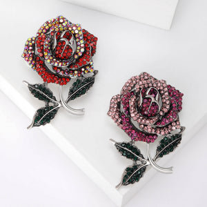 Rhinestone Rose Brooch Silver Tone Green Leaf Red Purple Pin