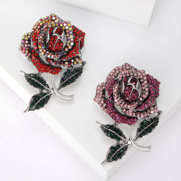 Rhinestone Rose Brooch Silver Tone Green Leaf Red Purple Pin
