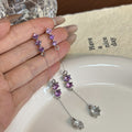 Purple Faceted Stone and Clear Drop Long Chain Stud Earrings view 3