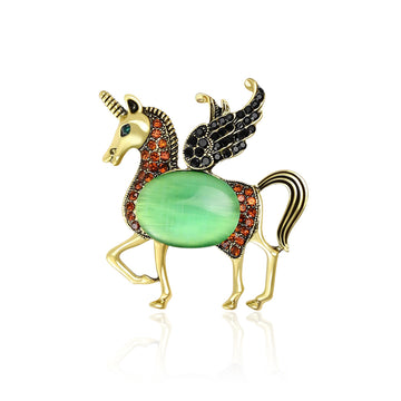 Winged Horse Brooch With Oval Green or Orange Body Stone
