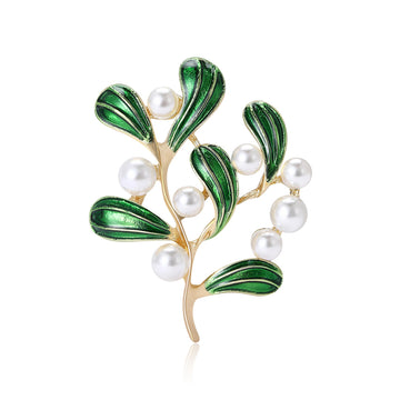 Enamel Leaf and Pearl Branch Brooch in 2 Color Styles