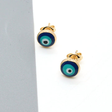 Gold Tone Round Blue Evil Eye Stud Earrings with Push Backs