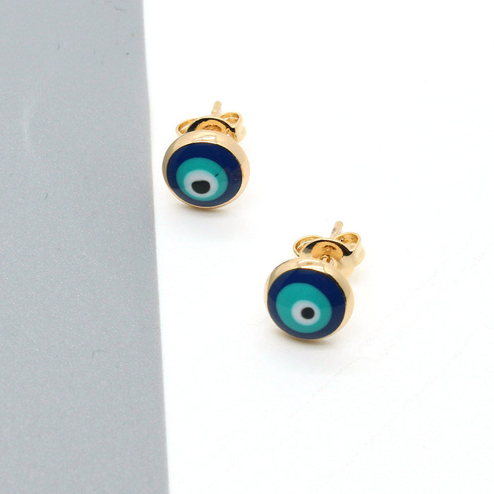 Gold Tone Round Blue Evil Eye Stud Earrings with Push Backs