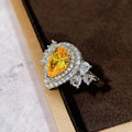 Silver Yellow Pear Halo Flower Cubic Zirconia Cocktail Ring view 3