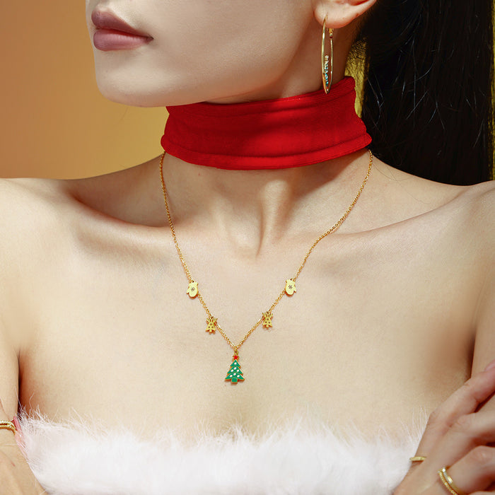 Gold Enamel Christmas Tree Zircon Charm Necklace Stainless