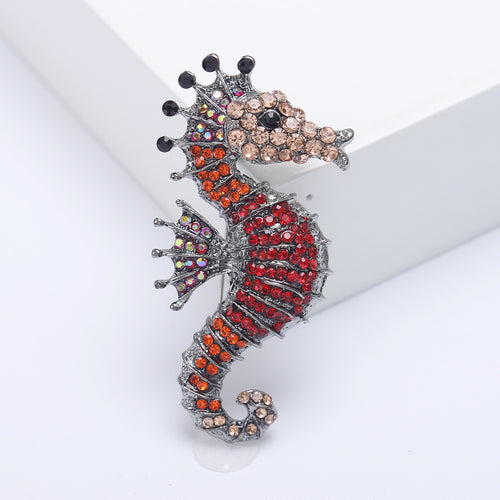 Crystal Seahorse brooch shown in angled product view