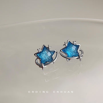 Silver Blue Star Planet Orbit Stud Earrings Crystal Accents
