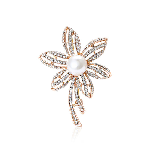 Angled view of the pearl crystal flower brooch