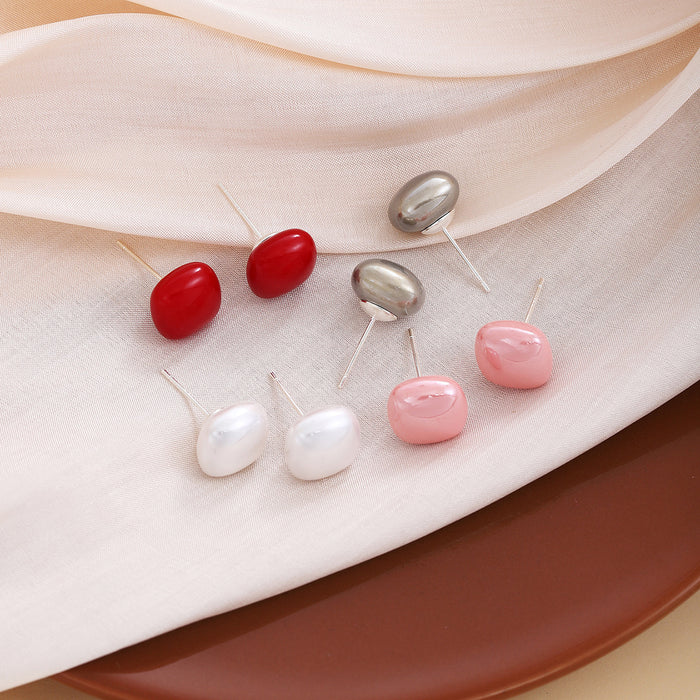 White Red and Silver Irregular Bean Shaped Stud Earrings