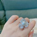 Silver Tone Pearl Center Crystal Camellia Ring Fashion Jewelry view 3