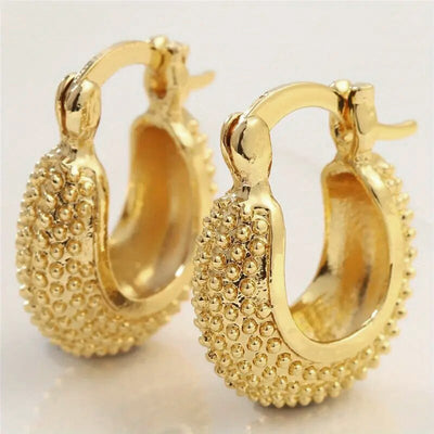 Gold Tone Textured Rounded Hoop Earrings Polished Metal Jewelry front product view
