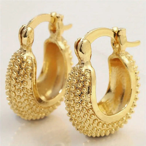 Gold Tone Textured Rounded Hoop Earrings Polished Metal Jewelry front product view