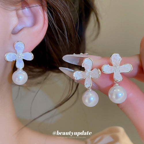Pastel Flower and Pearl Drop Stud Earrings Two Colors arranged to show the overall design