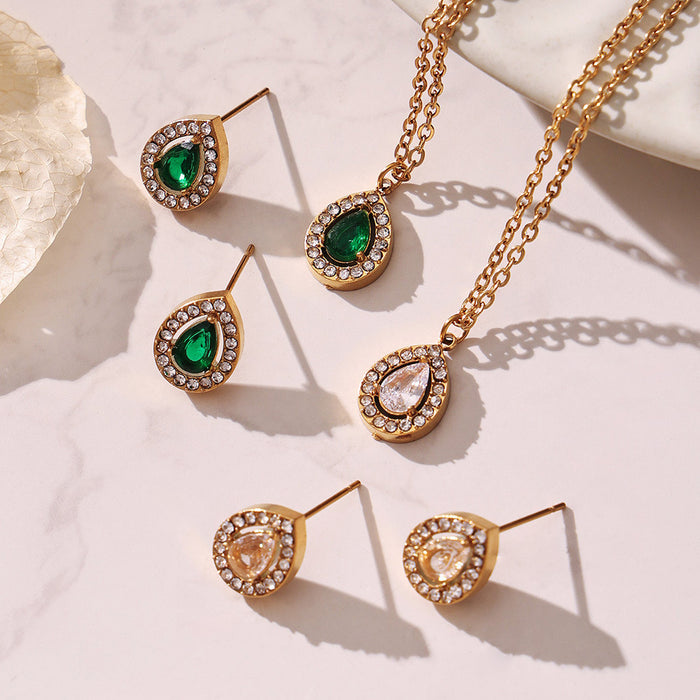 Gold Stainless Halo Zircon Pendant Necklaces And Studs
