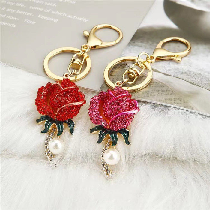 Rhinestone Rose Keychain Metal Pearl Drop Flower Bag Charm