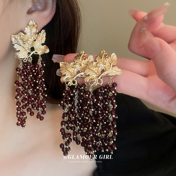 Red Beaded Grape Cluster Leaf Drop Earrings with Polished Metal Accents