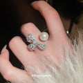 Silver Tone Crystal Bow And Pearl Like Asymmetrical Open Ring view 3