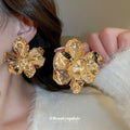 Layered Metal Flower Statement Stud Earrings in Two Finishes view 1