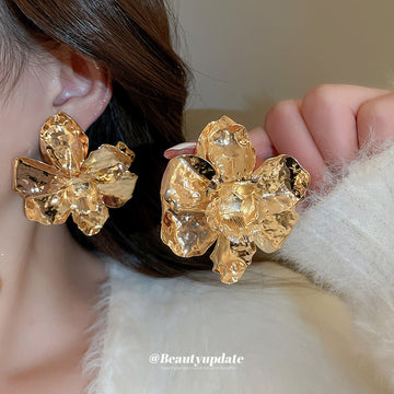 Layered Metal Flower Statement Stud Earrings in Two Finishes