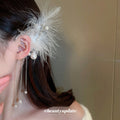 White Feather Ear Cuffs With Pearl and Chain Drops view 1