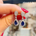 Silver Royal Blue Teardrop Dual Halo CZ Drop Earrings view 5