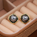 Grey Pearl Stud Earrings Gold Organic Square Frame view 4