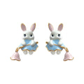 White Rabbit Blue Outfit And Pink Flower Stud Earrings view 5