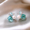Blue And Green Square Crystal Floral Cluster Stud Earrings view 1