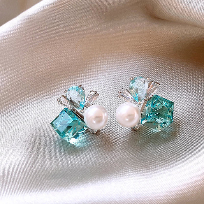 Blue And Green Square Crystal Floral Cluster Stud Earrings