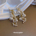 White Pearl Cluster Gold Hook Drop Earrings Polished Metal Jewelry view 4