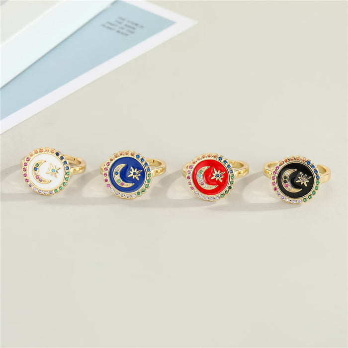 Gold Tone Round Enamel Moon and Star Adjustable Rings in Four Colors