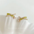 Gold Yellow Green Enamel Bow CZ Dangle Stud Earrings view 1