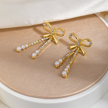 Gold Bow Triple Chain Pearl Look Long Stud Earrings
