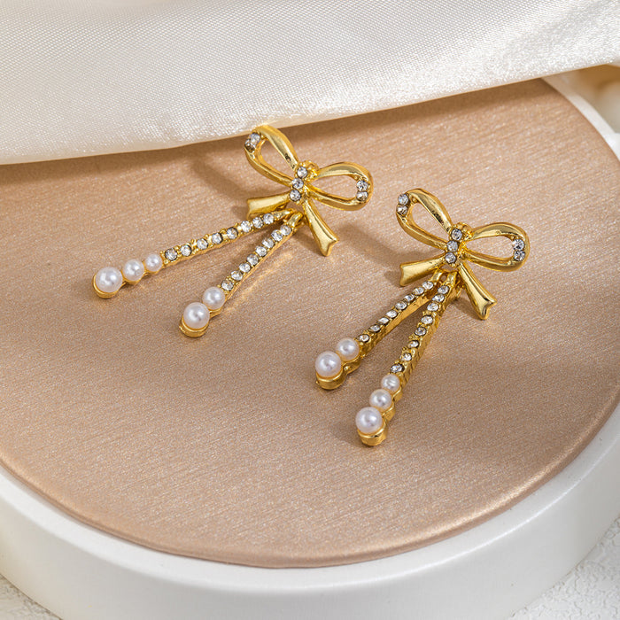 Gold Bow Triple Chain Pearl Look Long Stud Earrings