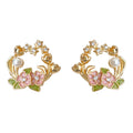 Gold Tone Pink Flower Green Leaf And Pearl Wreath Stud Earrings view 5