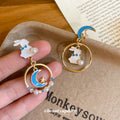 Asymmetric Blue Moon and White Rabbit Hoop Stud Earrings view 2