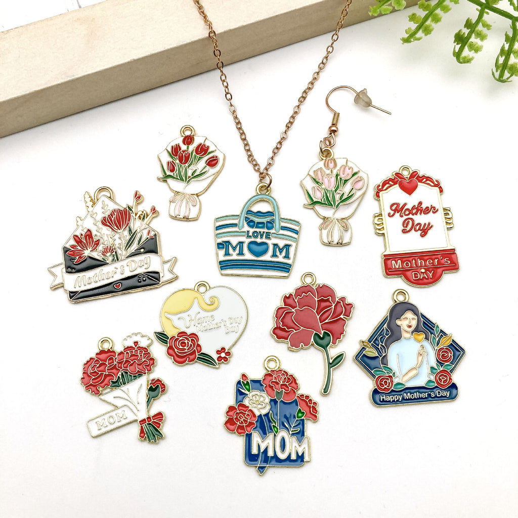 Zinc Alloy Carnation Lily Rose Bouquet Enamel Charm Pendant for DIY Mother's Day Jewelry