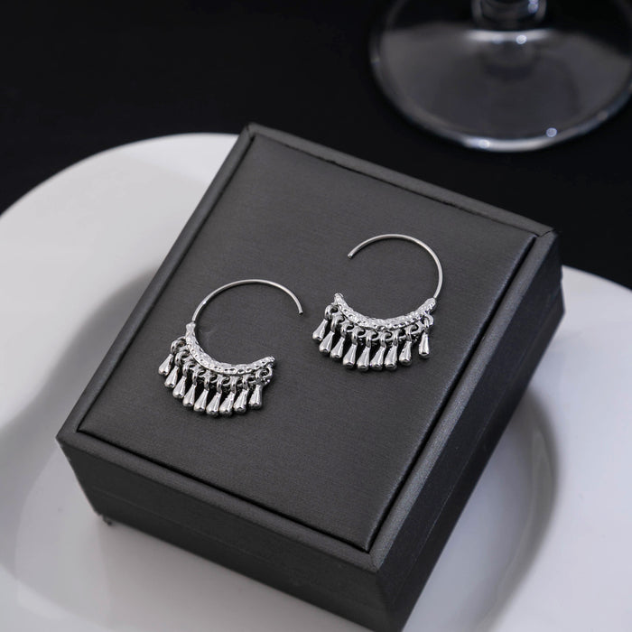 Silver Open C-Hoop with Clear Teardrop Fringe Earrings