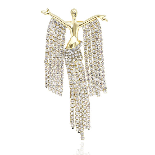 Gold tone crystal fringe dancer figure brooch front on white